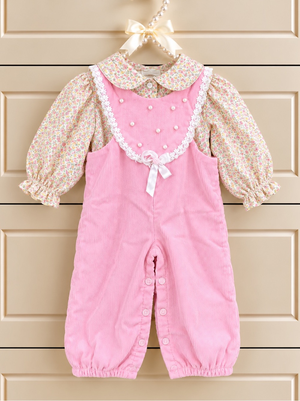 Vintage 90s 80s Pink Corduroy Baby Lace Romper Overalls Outfit Floral Blouse 2T